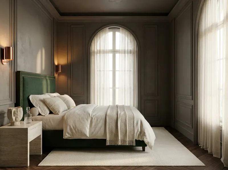 Ultra-luxury master bedroom with deep forest green linen headboard, ivory natural linen bedding, warm charcoal plaster walls, natural stone water vessel, copper wall sconce — Microplastics and Material Purity by Beverly Hills Luxury Interiors