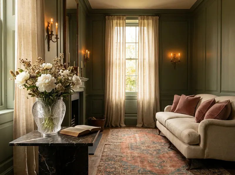 Ultra-luxury European atelier drawing room with deep sage green panelled walls, ivory linen sofa, prominent Lalique crystal vase with white peonies on dark marble side table, amber wall sconces, antique Persian rug — Five Senses longevity design by Beverly Hills Luxury Interiors