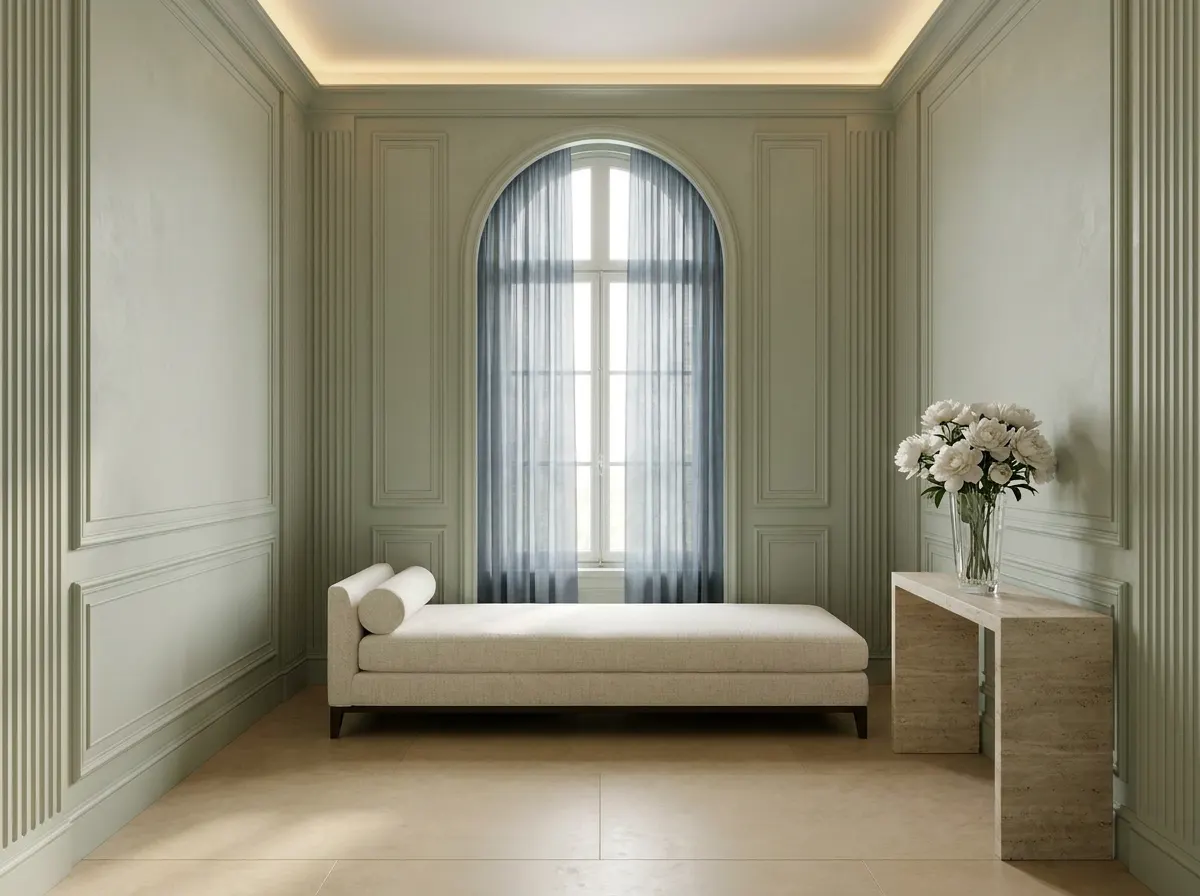 Ultra-luxury post-EBOO wellness recovery suite, sage green plaster walls, ivory linen daybed, clear crystal vase with white peonies, slate blue gauze curtains — EBOO blood filtration and longevity home design by Beverly Hills Luxury Interiors