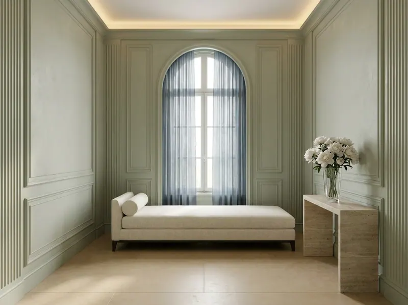 Ultra-luxury post-EBOO wellness recovery suite, sage green plaster walls, ivory linen daybed, crystal vase with white peonies, slate blue gauze curtains — EBOO longevity home design by Beverly Hills Luxury Interiors