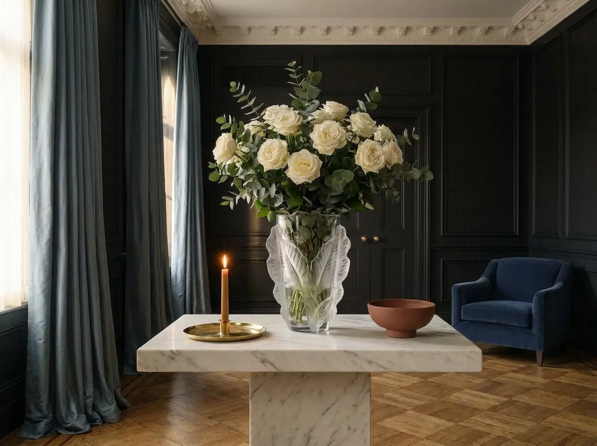 Ultra-luxury London townhouse interior — near-black lacquered wall panelling, Lalique crystal vase with ivory roses on Calacatta marble console, slate-blue silk drapes, navy velvet armchair, brass taper candle — EBOO Longevity Design by Beverly Hills Luxury Interiors