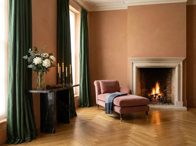 Ultra-luxury residential interior — terracotta limewashed plaster walls, crystal glass vase with white peonies on black marble console, forest green silk curtains, crackling stone fireplace, dusty rose velvet chaise longue — The Four Elements longevity home design by Beverly Hills Luxury Interiors
