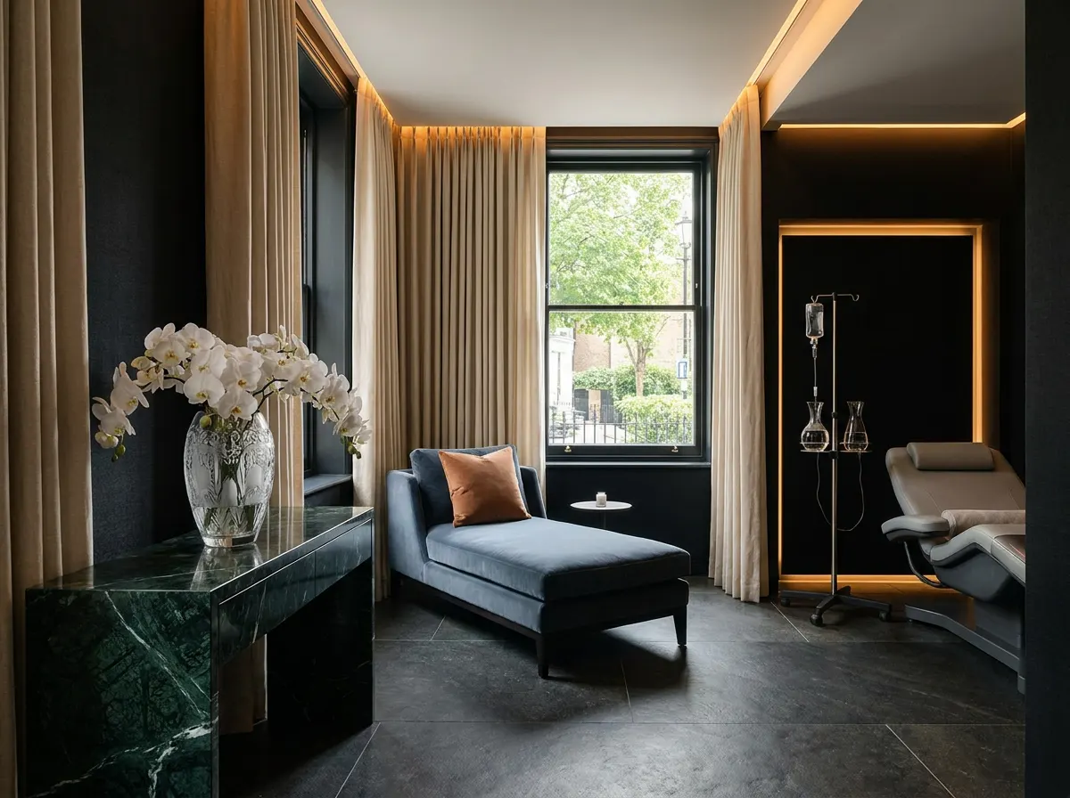 Ultra-luxury residential biohacking suite, Lalique crystal vase with white orchids on forest green marble console, near-black accent wall, slate blue velvet chaise, warm amber lighting — EBOO blood filtration and longevity home design by Beverly Hills Luxury Interiors