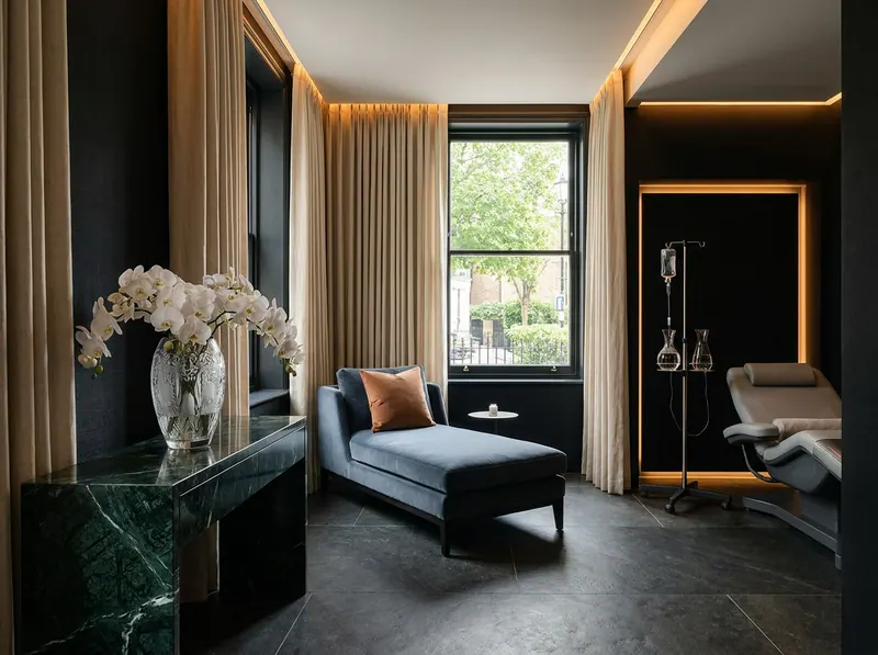 Ultra-luxury residential biohacking suite, Lalique crystal vase with white orchids on forest green marble console, near-black accent wall, slate blue velvet chaise, warm amber lighting — EBOO blood filtration and longevity home design by Beverly Hills Luxury Interiors