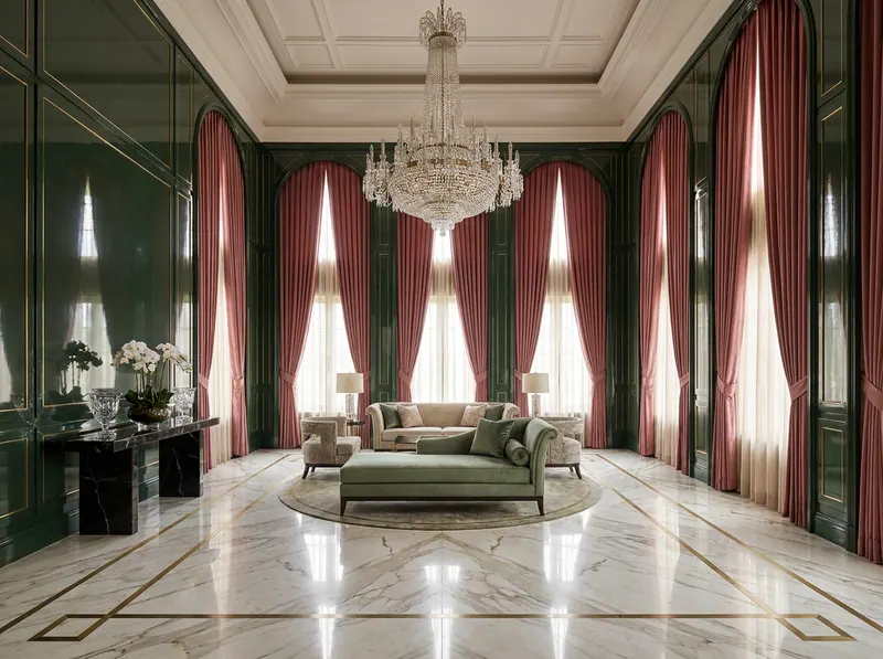 Ultra-luxury grand salon — silk velvet curtains in dusty rose, high-gloss forest green lacquered panelling, book-matched Calacatta marble floor, rock-crystal chandelier, sage green silk chaise, pristine white orchids — Beverly Hills Luxury Interiors