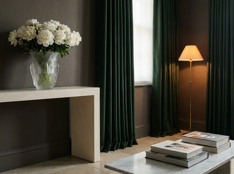 Ultra-luxury wellness room with prominent Lalique crystal vase of white peonies, deep forest green drapes, warm charcoal walls and aged brass lighting — Pharisas Longevity Home by Beverly Hills Luxury Interiors