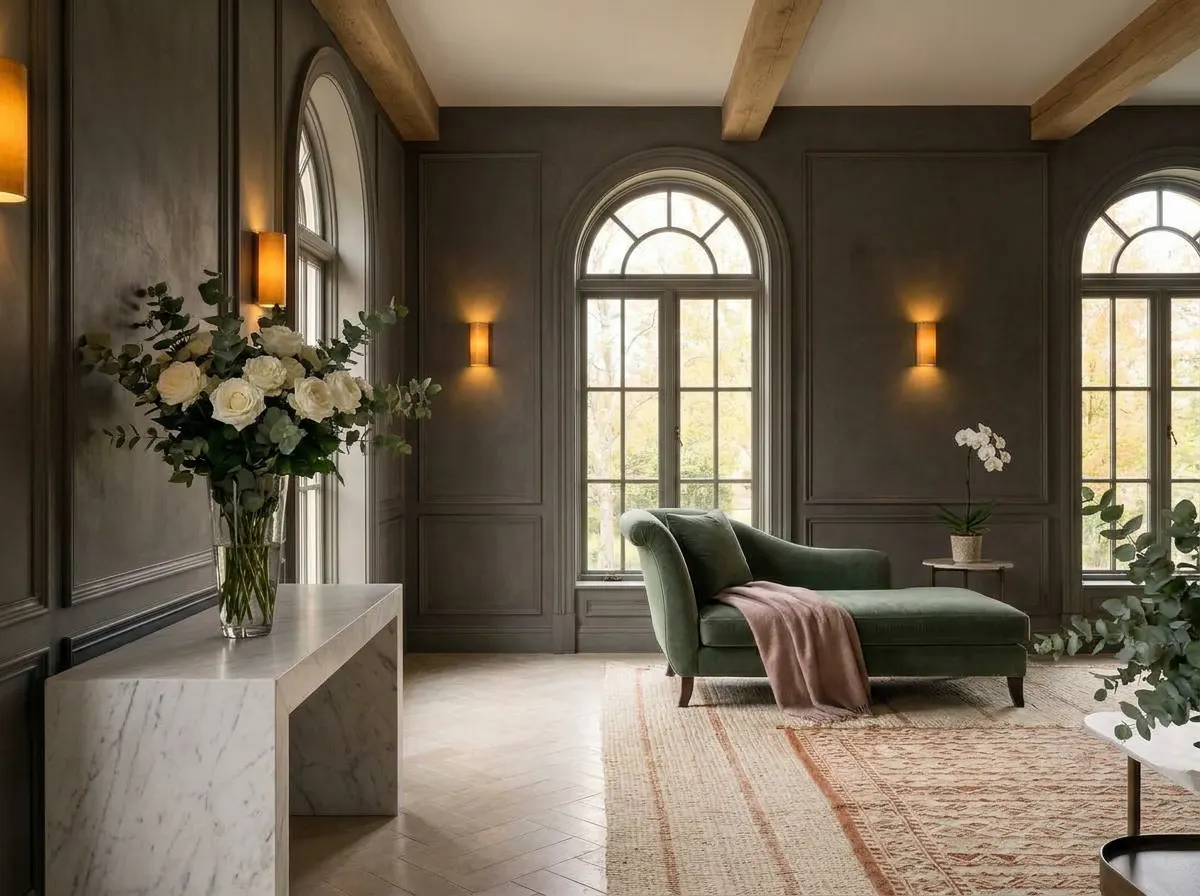 Ultra-luxury drawing room designed for all five senses — warm charcoal plaster walls, hand-blown glass vase with white roses on marble console, sage green velvet chaise longue, herringbone limestone floor — Five Senses Framework by Beverly Hills Luxury Interiors