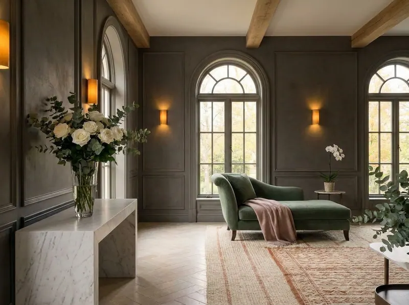 Ultra-luxury drawing room designed for all five senses — warm charcoal plaster walls, hand-blown glass vase with white roses on marble console, sage green velvet chaise longue, herringbone limestone floor — Five Senses Framework by Beverly Hills Luxury Interiors