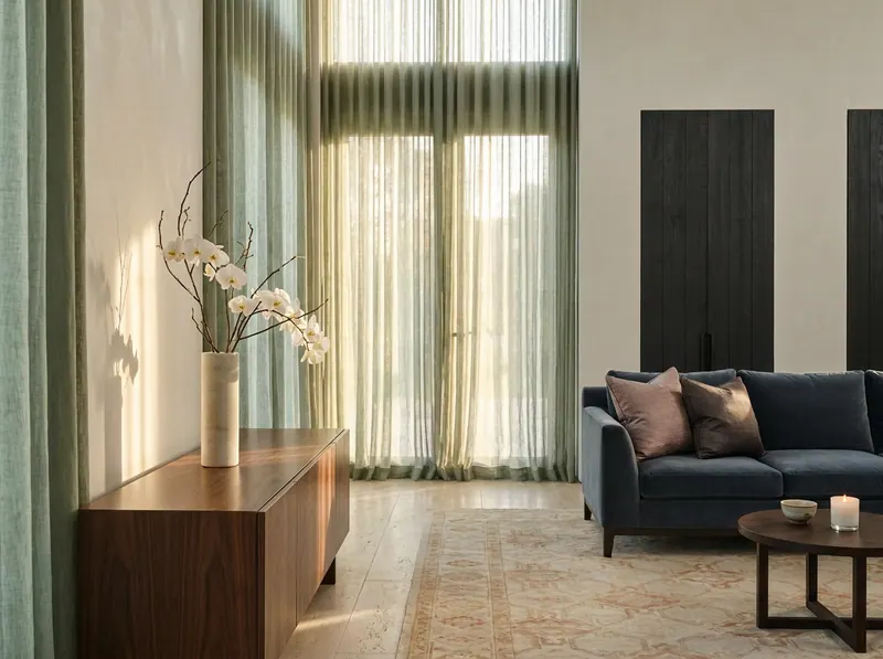 Ultra-luxury East-meets-West interior — sage linen drapes, ikebana orchid arrangement, Japanese-inspired wall panelling, slate blue velvet sofa, honed travertine floor — Ayurveda Longevity Home design by Beverly Hills Luxury Interiors