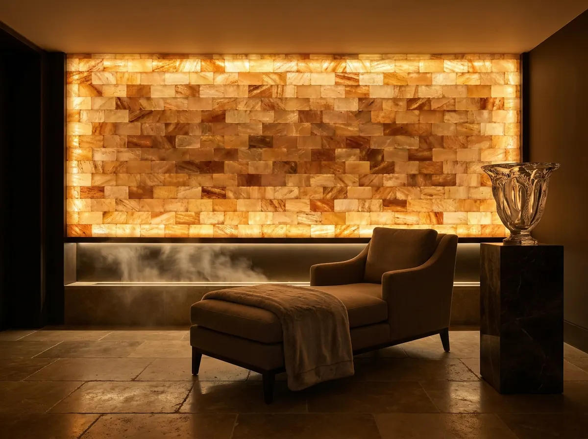 ÖND Himalayan pink salt brick wall backlit in amber — negative ion therapy with purified oxygen mist in a luxury wellness room