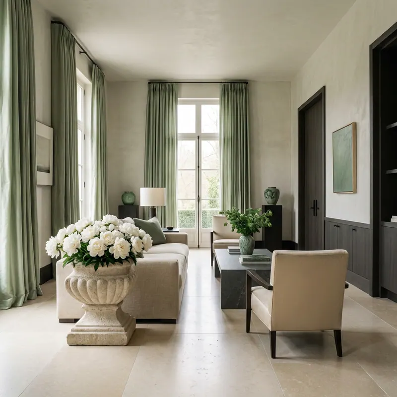 Ultra-luxury East-meets-West interior with sage green drapes, stone plinth with white peonies, contemplative quiet luxury atmosphere — Beverly Hills Luxury Interiors