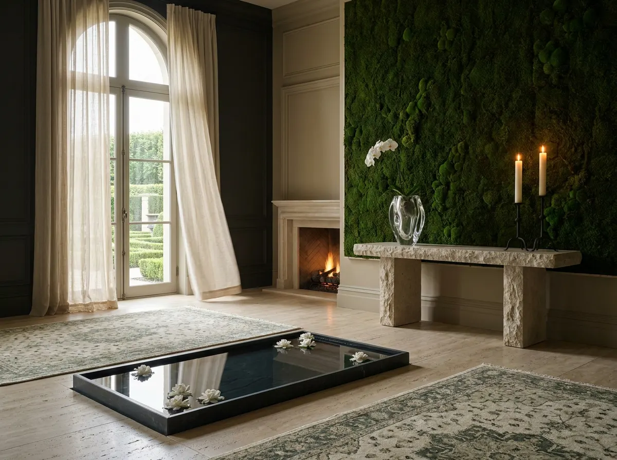 Ultra-luxury interior embodying the Four Elements — travertine floor, still water basin with floating gardenias, tall church candles and glowing fireplace, crystal vase with white orchid on stone console, sheer champagne linen drapery at arched window, living moss wall — Four Elements Longevity Home design by Beverly Hills Luxury Interiors