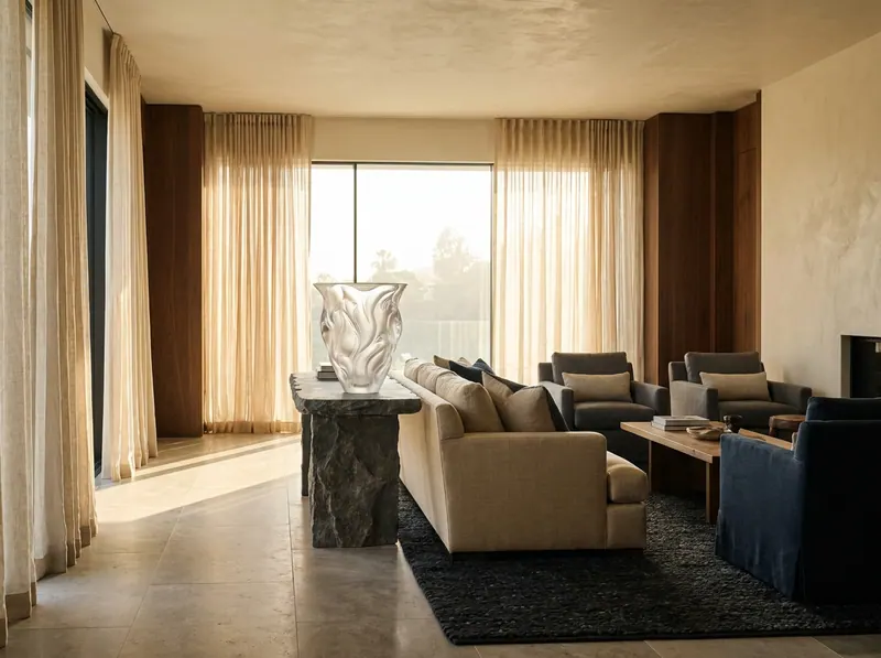 Ultra-luxury interior with Lalique crystal vase — material purity and biological sovereignty by Beverly Hills Luxury Interiors