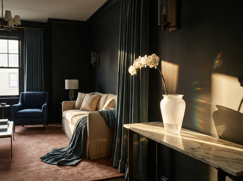 Ultra-luxury interior with prominent Lalique crystal vase — EBOO blood filtration and longevity home design by Beverly Hills Luxury Interiors