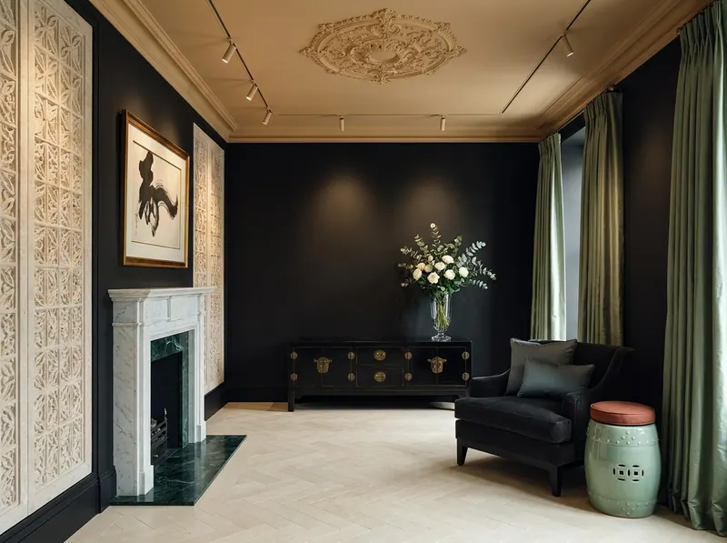 Ultra-luxury East-meets-West drawing room — stone panels beside European marble fireplace, ebony lacquered console, sage silk curtains, charcoal velvet armchair, celadon garden stool, brushstroke artwork — East-meets-West design synthesis by Beverly Hills Luxury Interiors