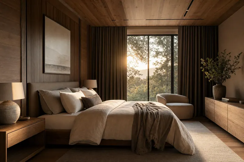 A complete luxury sleep sanctuary bedroom with layered natural materials, warm wood tones and soft linen bedding at dawn