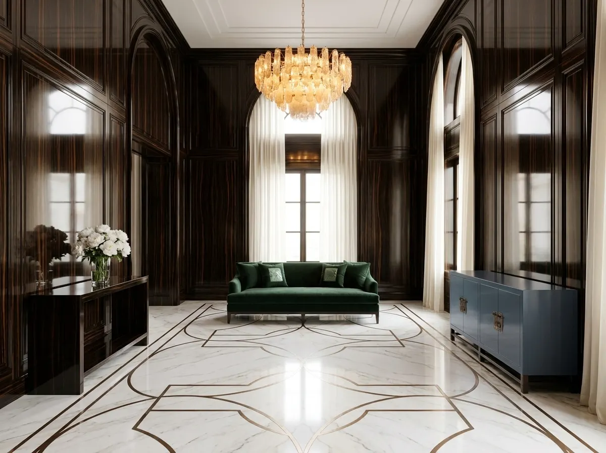 East-meets-West ultra-luxury interior — macassar ebony lacquered panels, crystal glass vessel with white peonies, slate blue silk velvet settee, forest green accents, bronze inlay marble floor — Beverly Hills Luxury Interiors