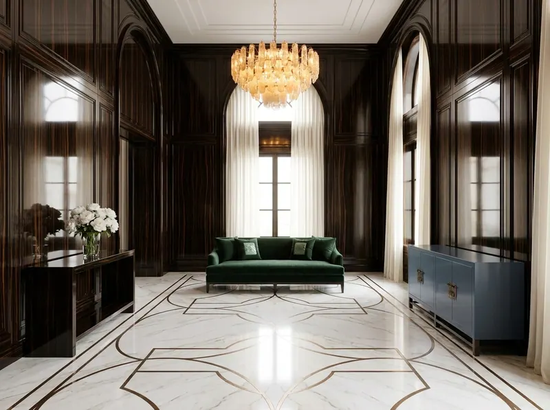 East-meets-West ultra-luxury interior — macassar ebony lacquered panels, crystal glass vessel with white peonies, slate blue silk velvet settee, forest green accents, bronze inlay marble floor — Beverly Hills Luxury Interiors