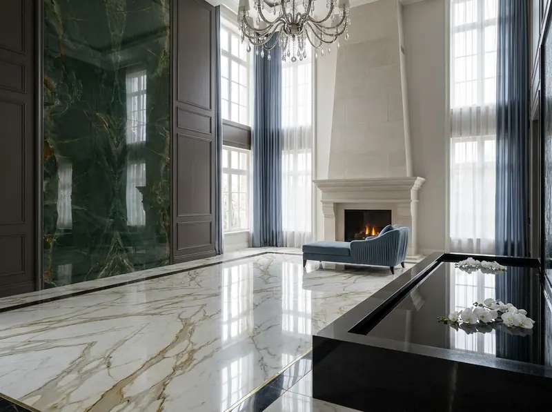 Four Elements ultra-luxury grand salon — book-matched Calacatta marble floor, deep forest green onyx wall, architectural water feature, limestone fireplace, silk drapery — Beverly Hills Luxury Interiors