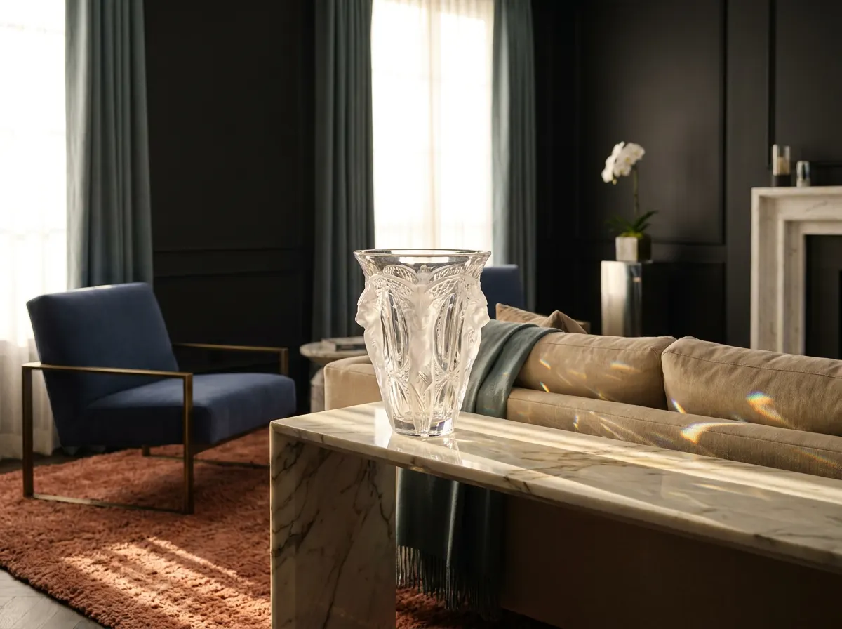 Ultra-luxury interior with prominent Lalique crystal vase — Pharisas blood filtration and longevity home design by Beverly Hills Luxury Interiors