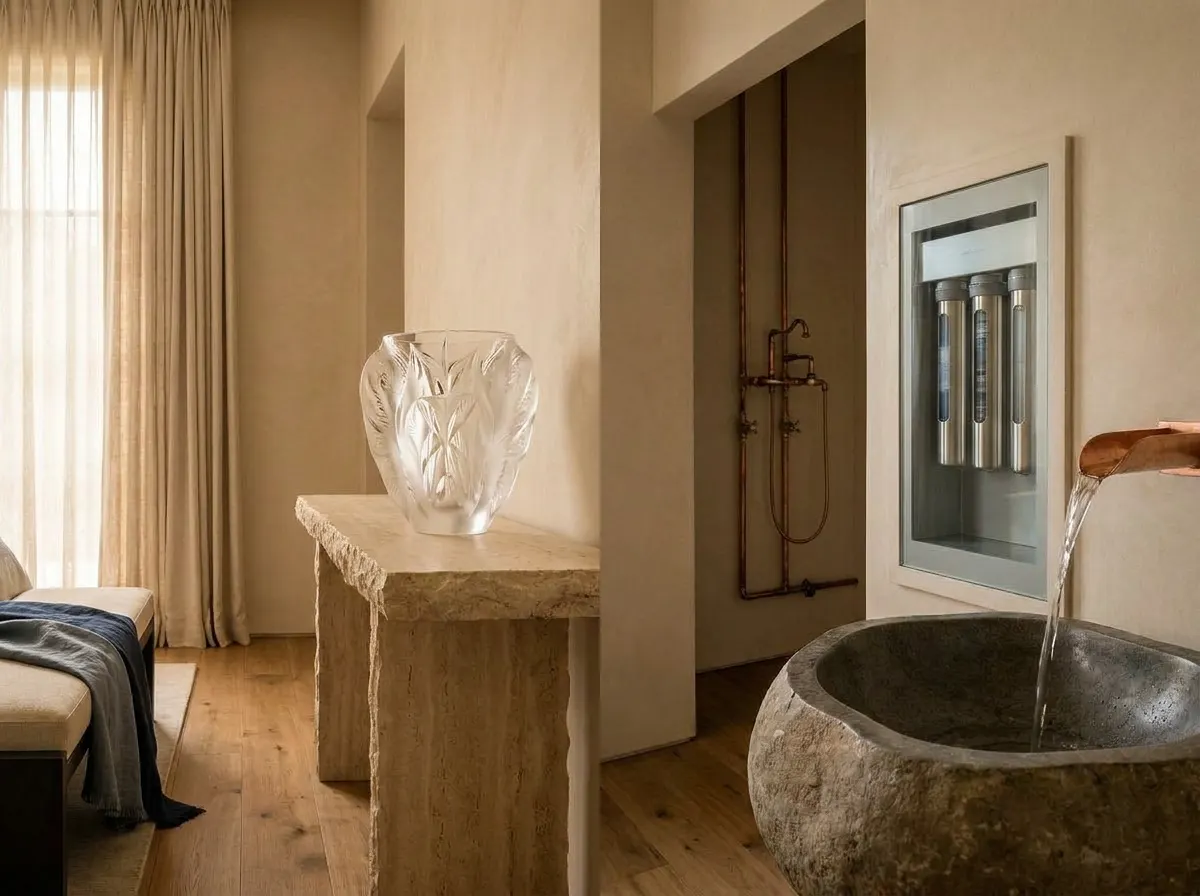 Ultra-luxury interior with prominent Lalique crystal vase — material purity and microplastics-free design by Beverly Hills Luxury Interiors