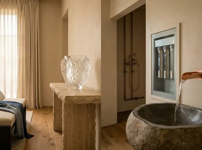 Ultra-luxury interior with prominent Lalique crystal vase — material purity and microplastics-free design by Beverly Hills Luxury Interiors