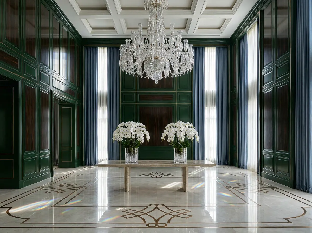 Grand palatial salon with macassar ebony lacquered panelling in deep forest green, rock-crystal chandelier, and mirror-polished marble floor — Beverly Hills Luxury Interiors