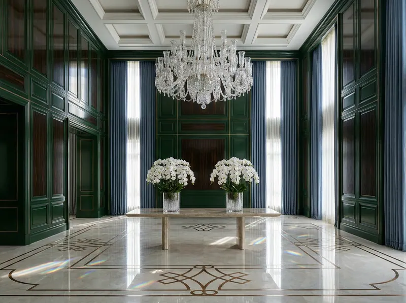 Grand palatial salon with macassar ebony lacquered panelling in deep forest green, rock-crystal chandelier, and mirror-polished marble floor — Beverly Hills Luxury Interiors