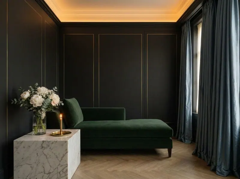 Ultra-luxury private wellness suite — near-black panelled walls with brass inlay, Calacatta marble side table with white peonies in a simple glass vase, deep forest green velvet chaise longue, slate blue silk drapes, warm amber lighting — Pharisas blood filtration longevity design by Beverly Hills Luxury Interiors