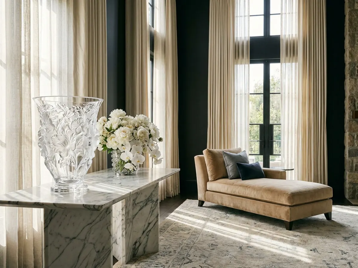 Ultra-luxury interior with prominent Lalique crystal vase — four elements longevity home design by Beverly Hills Luxury Interiors