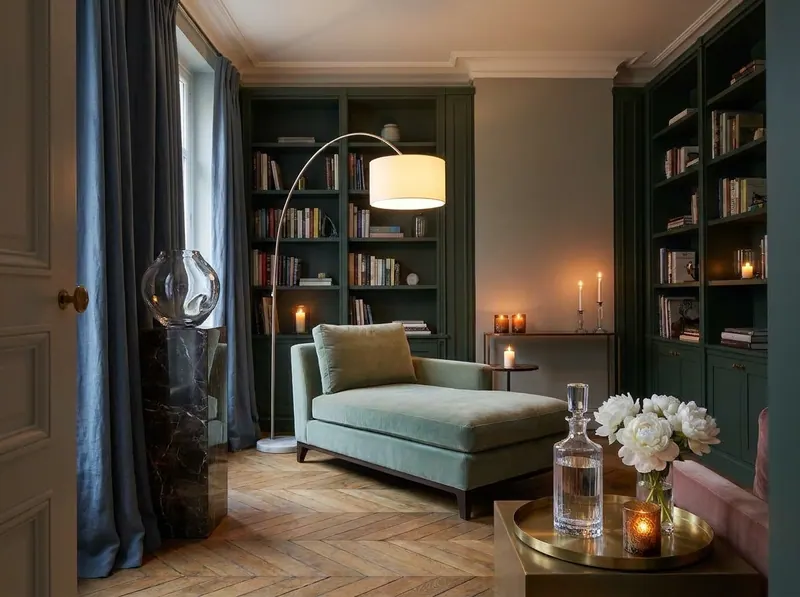 Ultra-luxury East-meets-West interior with Lalique crystal vase, sage green drapes, and contemplative quiet luxury atmosphere — Beverly Hills Luxury Interiors