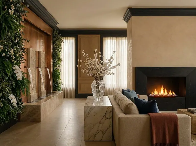 Ultra-luxury East-meets-West interior with prominent Lalique crystal vase — ancient wisdom and longevity design by Beverly Hills Luxury Interiors