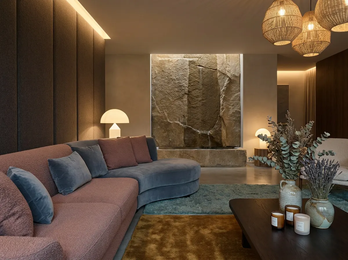 ÖND five-senses sensory room with tactile textiles, natural stone water feature and layered circadian lighting