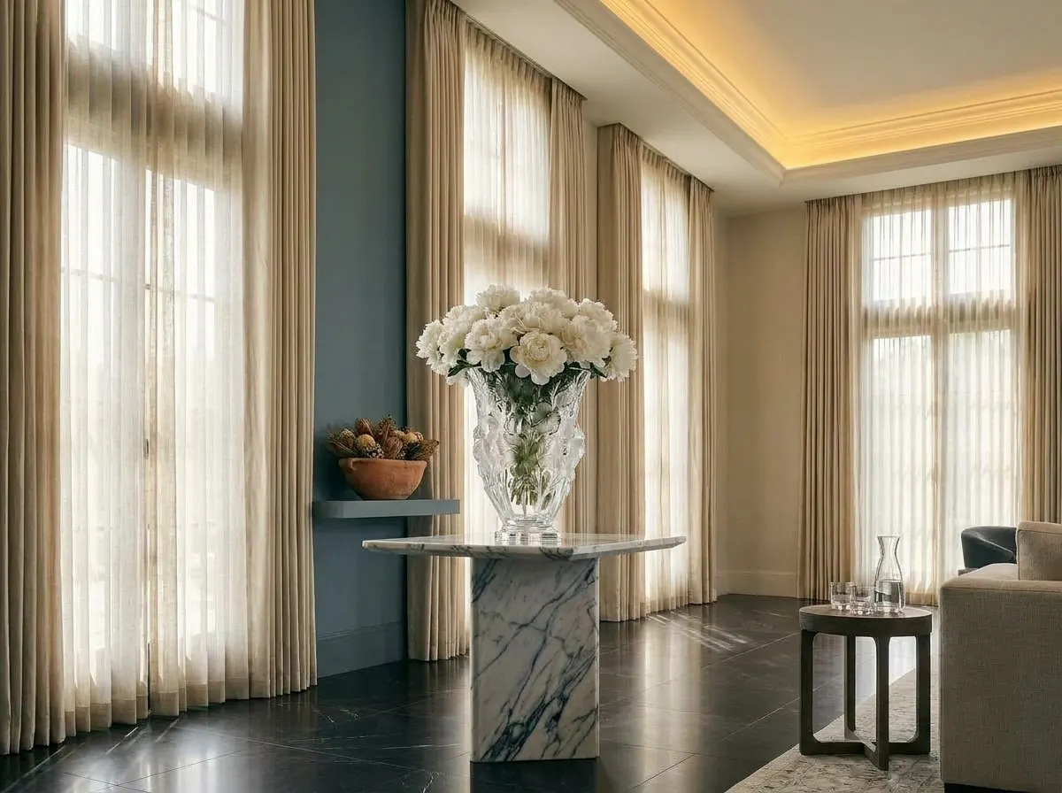Ultra-luxury interior with prominent Lalique crystal vase — five senses ÖND longevity blueprint by Beverly Hills Luxury Interiors