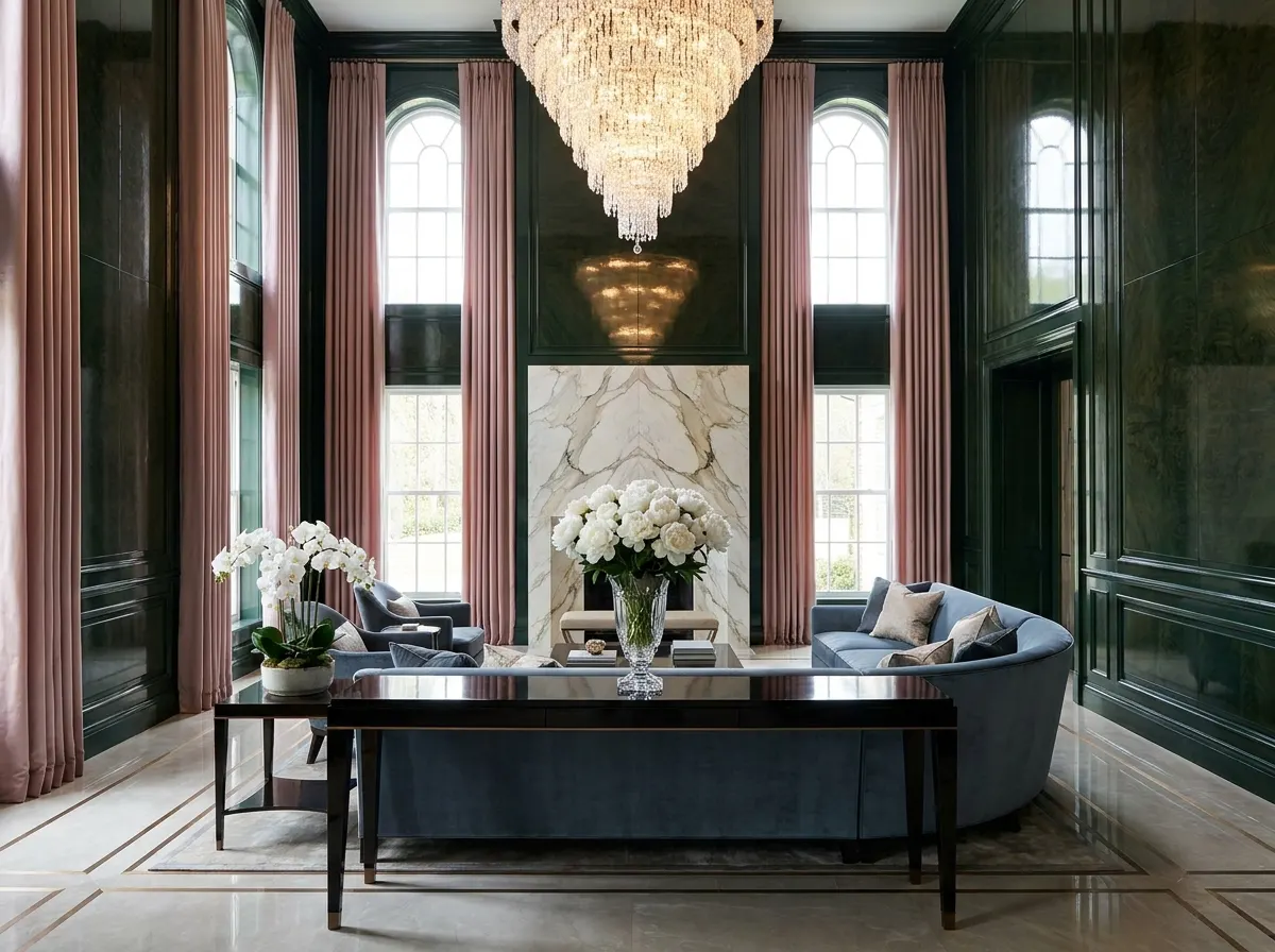 Ultra-luxury Quiet Luxury drawing room — book-matched burr walnut lacquered panelling in deep forest green, crystal glass vase with white peonies, slate blue silk velvet sofa — Beverly Hills Luxury Interiors