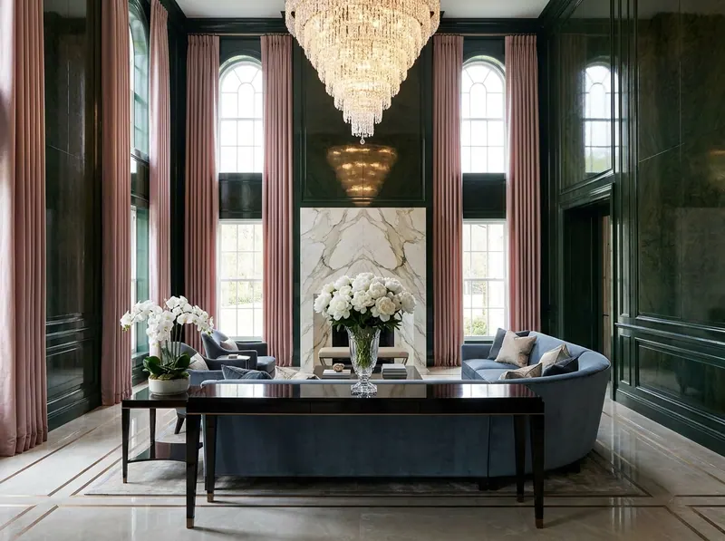 Ultra-luxury Quiet Luxury drawing room — book-matched burr walnut lacquered panelling in deep forest green, crystal glass vase with white peonies on polished ebony console, slate blue silk velvet sofa, rock-crystal chandelier — Beverly Hills Luxury Interiors