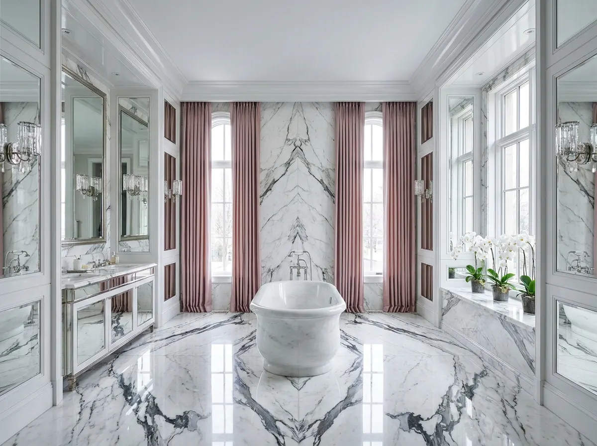 Palatial master bathroom with book-matched Calacatta marble, high-gloss lacquered panelling, polished-metal fixtures, dusty rose silk drapery and pristine white orchids — Beverly Hills Luxury Interiors microplastics wellness design