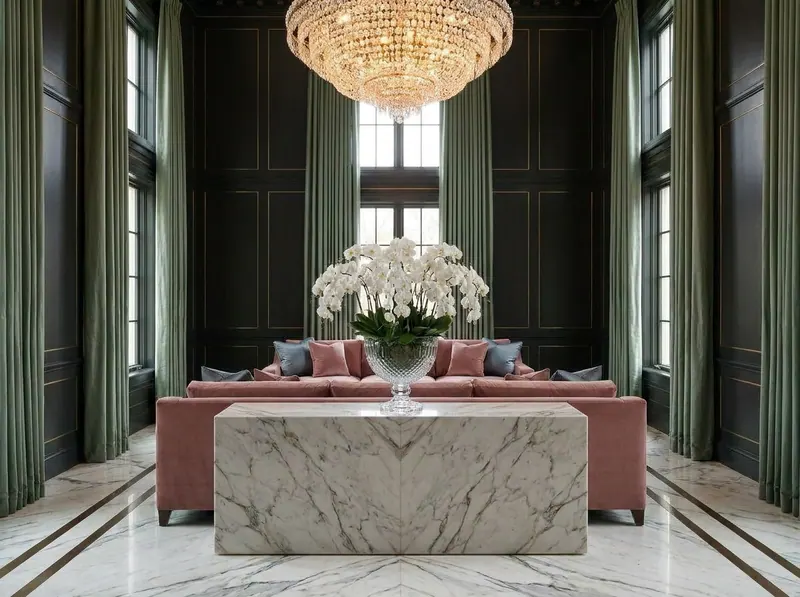 Ultra-luxury biohacking wellness design interior — sage green silk pleated drapery, dusty rose silk velvet sofa, Calacatta Viola marble console, crystal glass vessel with white orchids, warm charcoal lacquered panelling — Beverly Hills Luxury Interiors
