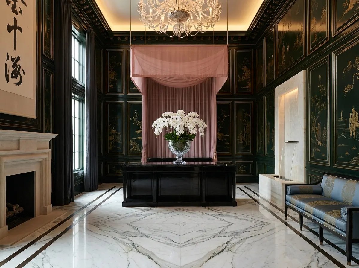Ultra-luxury East-meets-West interior — deep forest green lacquered chinoiserie panels, crystal vessel with white orchids on polished onyx console, slate blue silk velvet settee, dusty rose silk canopy — Beverly Hills Luxury Interiors