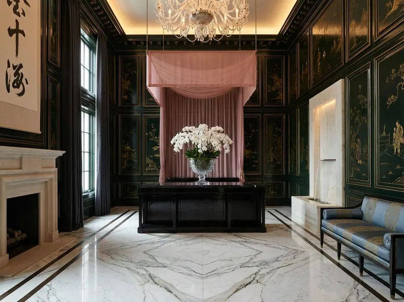 Ultra-luxury East-meets-West interior — deep forest green lacquered chinoiserie panels, crystal vessel with white orchids on polished onyx console, slate blue silk velvet settee, dusty rose silk canopy — Beverly Hills Luxury Interiors