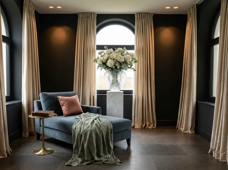 Ultra-luxury Quiet Luxury interior with near-black walls, Lalique crystal vase with white peonies, slate blue velvet chaise, champagne silk drapery — Quiet Luxury cognitive architecture by Beverly Hills Luxury Interiors