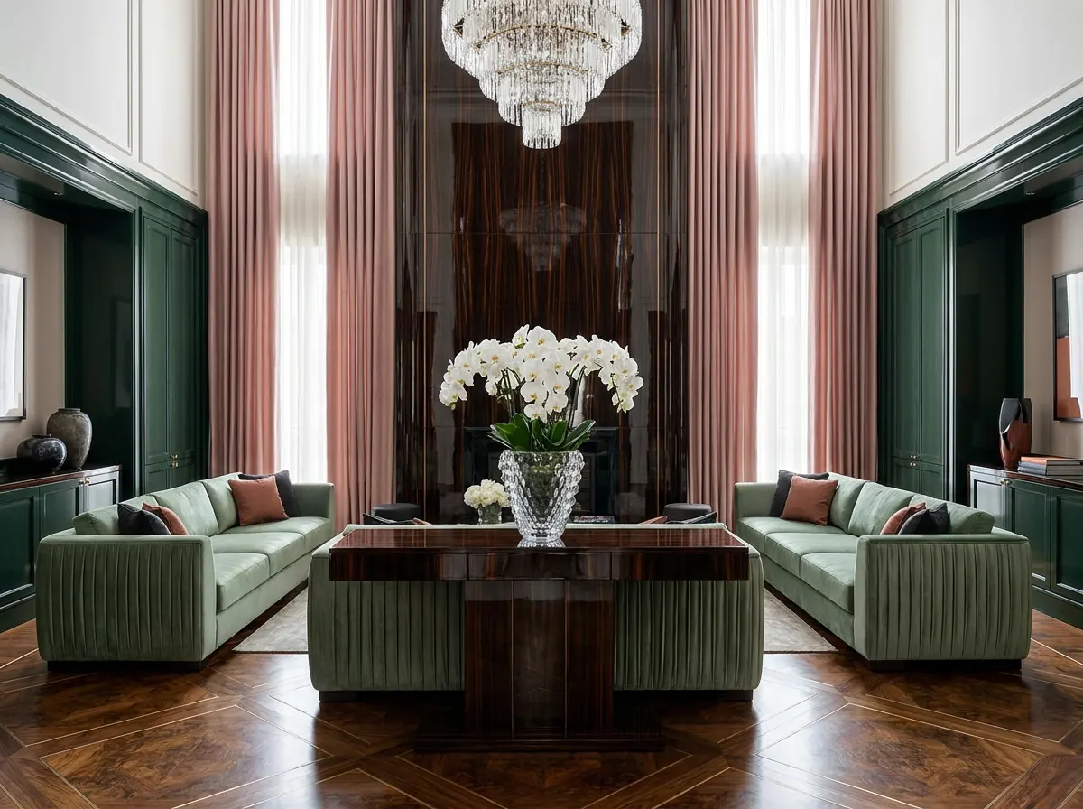 Ultra-luxury grand salon — book-matched macassar ebony panelling, burr walnut marquetry parquet floor, crystal glass vase with white orchids, sage green silk velvet sofa, dusty rose silk drapery — Beverly Hills Luxury Interiors