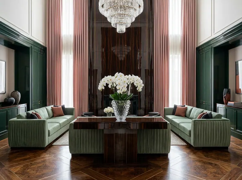 Ultra-luxury grand salon — book-matched macassar ebony panelling, burr walnut marquetry parquet floor, crystal glass vase with white orchids, sage green silk velvet sofa, dusty rose silk drapery — Beverly Hills Luxury Interiors