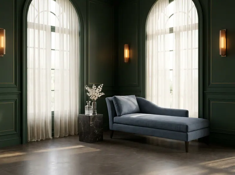 Ultra-luxury European atelier wellness sanctuary with slate blue chaise, forest green panelled walls, and crystal glass vessel — EBOO blood filtration and longevity home design by Beverly Hills Luxury Interiors