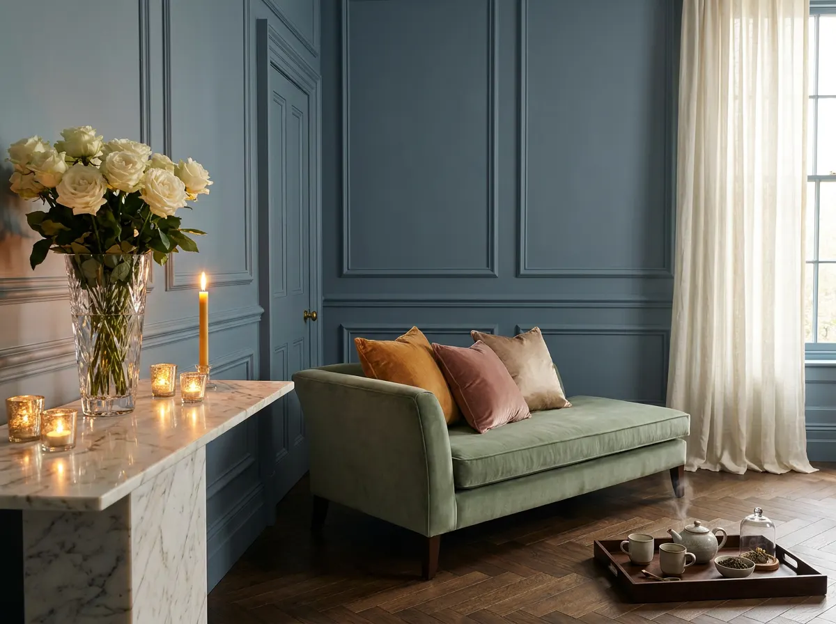 Ultra-luxury drawing room — slate blue panelled walls with subtle architectural mouldings, magnificent crystal glass vase on Calacatta marble console catching warm candlelight, sage green velvet chaise longue, ivory linen curtains, artisan tea tray, ivory garden roses — The Sensory Symphony Five Senses longevity design by Beverly Hills Luxury Interiors