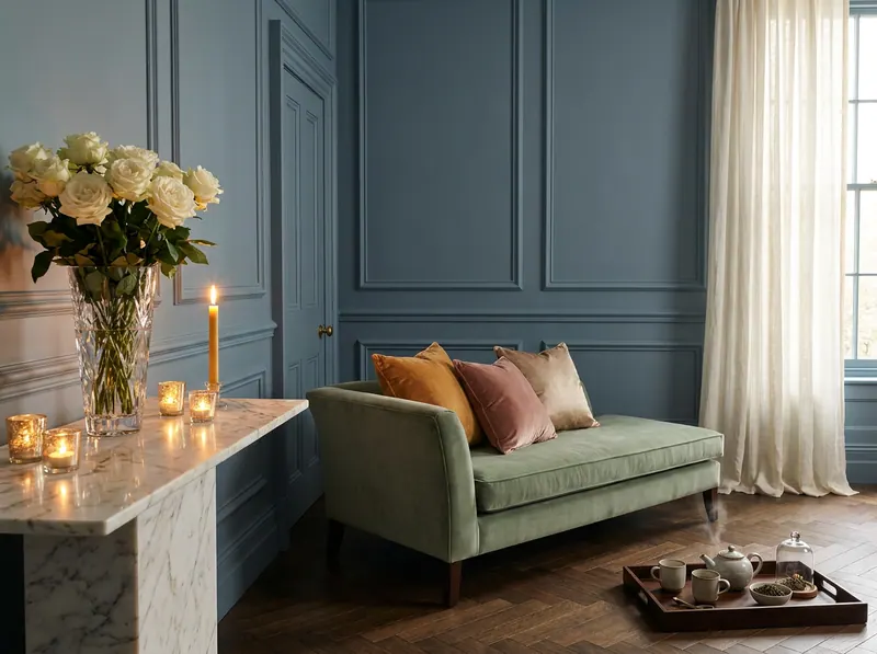 Ultra-luxury drawing room — slate blue panelled walls with subtle architectural mouldings, magnificent crystal glass vase on Calacatta marble console catching warm candlelight, sage green velvet chaise longue, ivory linen curtains, artisan tea tray, ivory garden roses — The Sensory Symphony Five Senses longevity design by Beverly Hills Luxury Interiors