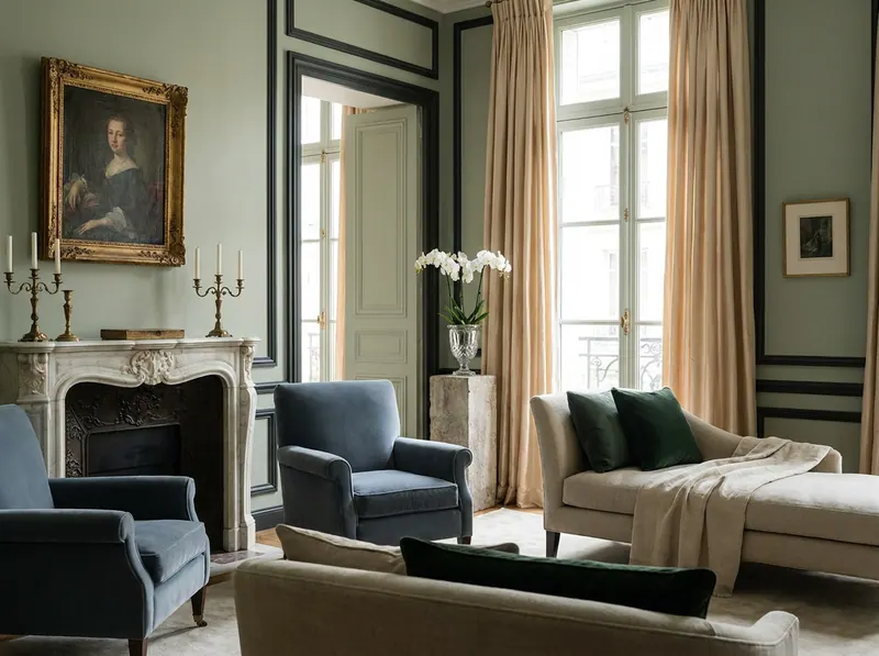 Ultra-luxury Quiet Luxury interior: sage green walls, slate blue armchairs, carved marble fireplace, champagne silk drapery, white orchids in crystal vessel — Quiet Luxury design by Beverly Hills Luxury Interiors