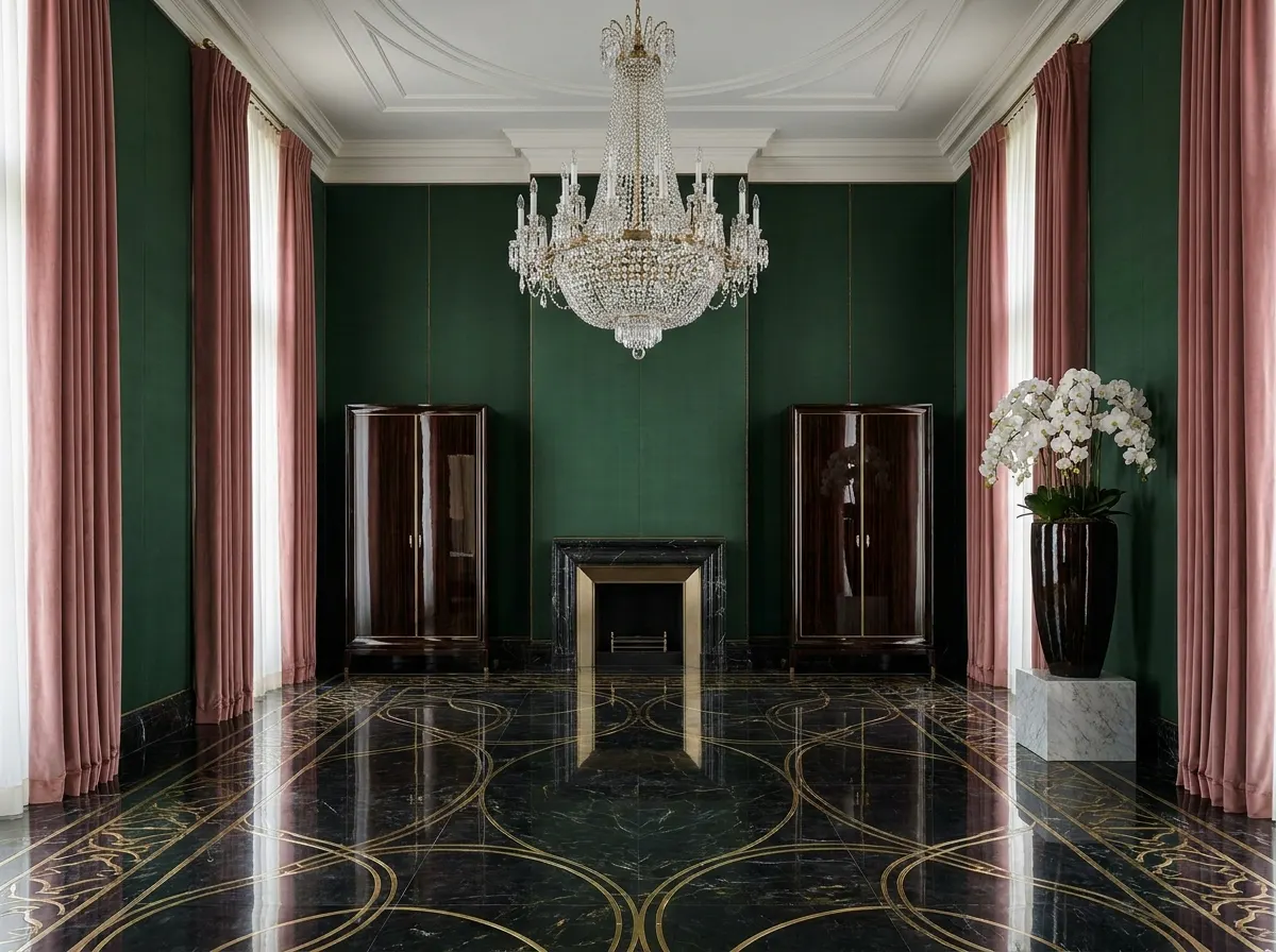 Ultra-luxury grand salon with hand-stretched silk walls in forest green, dusty rose silk velvet drapery, rock-crystal chandelier and book-matched marble floor with brass inlay — Beverly Hills Luxury Interiors microplastic-free design