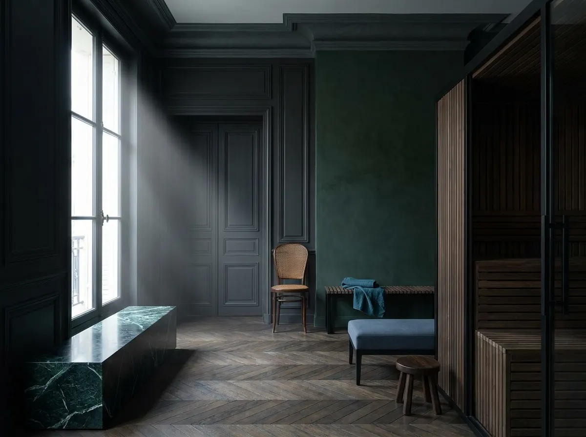 Bespoke thermal suite with glazed sauna cabin, deep forest green honed marble and dark oak parquet — infrared sauna benefits designed as architecture by Beverly Hills Luxury Interiors