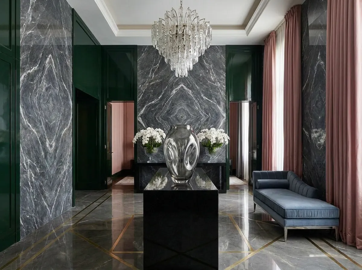 Ultra-luxury private wellness suite — book-matched marble walls, crystal art glass vessel with white orchids, slate blue silk velvet chaise, rock-crystal chandelier — Pharisas longevity design by Beverly Hills Luxury Interiors